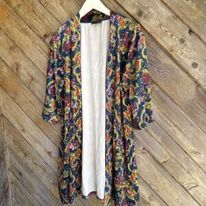 Modcloth Blue Yellow Pink Floral Print Velvet Open Kimono Cardigan Small Med